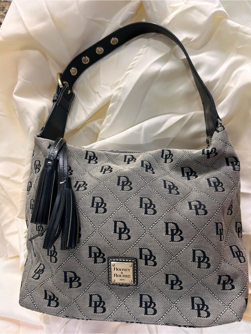 Dooney & Bourke Gray Jacquard Shoulder Bag with Black Trim and Tassel